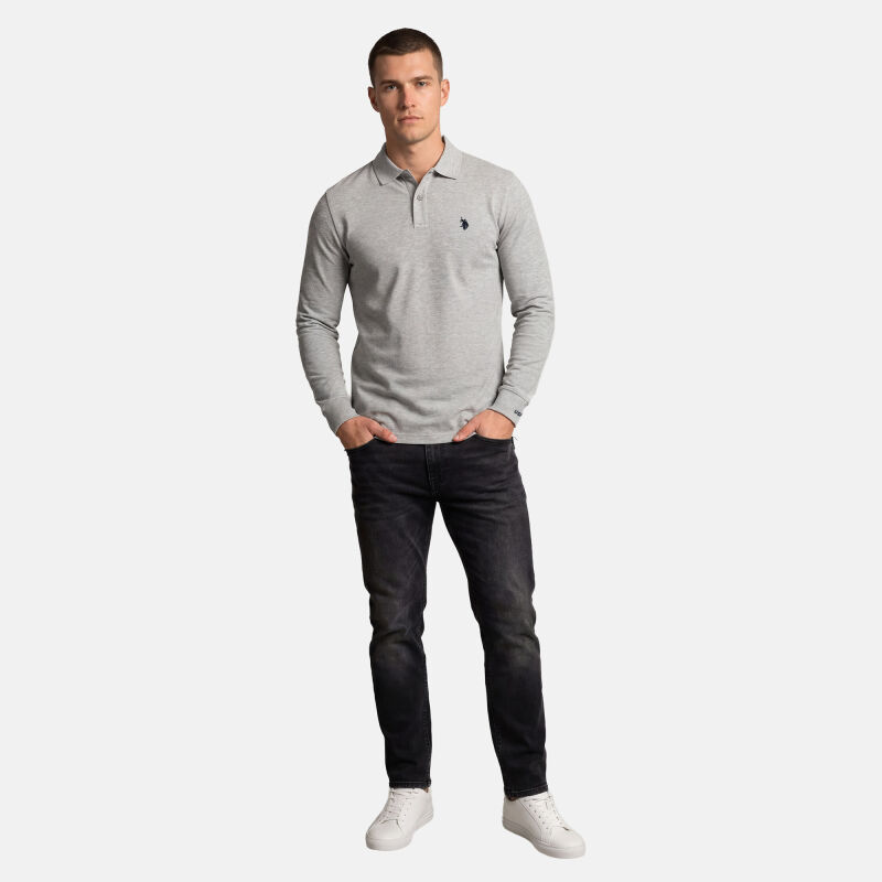 U.S. POLO ASSN. Herren Polo langarm Shirt LS Piquet P004 Grau Melange-Navy-Größe S - Gr. S