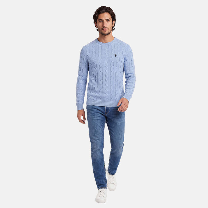 U.S. POLO ASSN. Herren Roundneck Pullover Zopfmuster P-066 Lightblue-Navy-Größe M - Gr. M