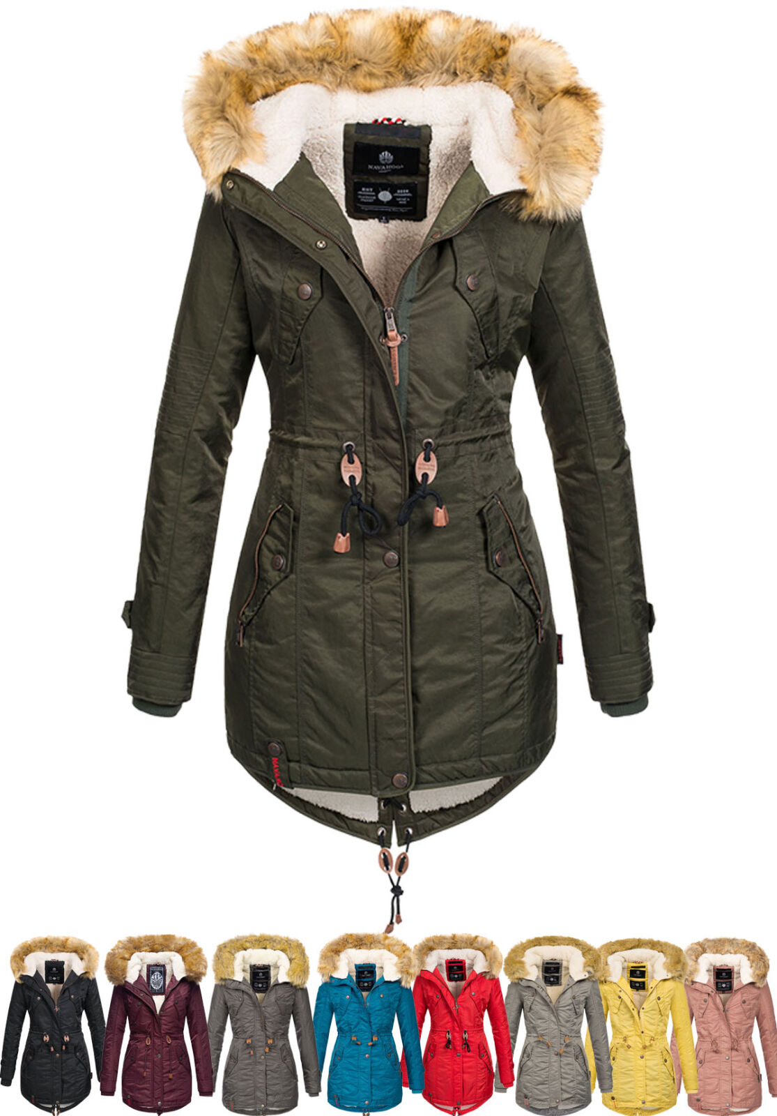 Navahoo warme Damen Winter Jacke mit Teddyfell B399 Golden Damen Seitlicher Reißverschluss Hoher Kragen Mantel Warme