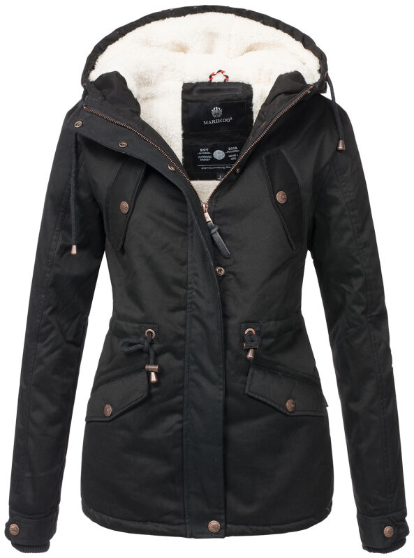 Marikoo Manolya Damen Winter Jacke Parka mit Teddyfell B376 Schwarz Größe S - Gr. 36