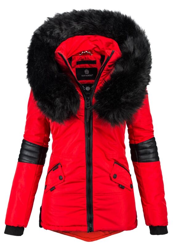 Navahoo Damen Winter Jacke Designer Parka mit Kunstfell B369 Rot Größe XS - Gr. 34