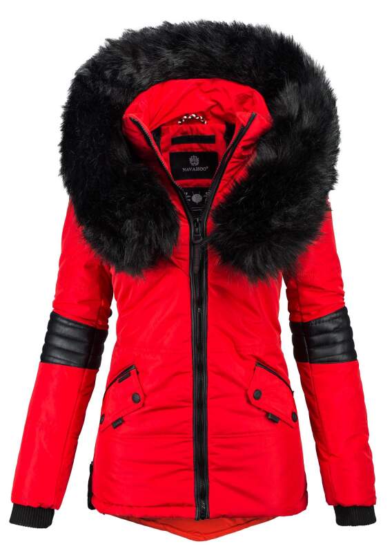 Navahoo Damen Winter Jacke Designer Parka mit Kunstfell B369 Rot Größe S - Gr. 36