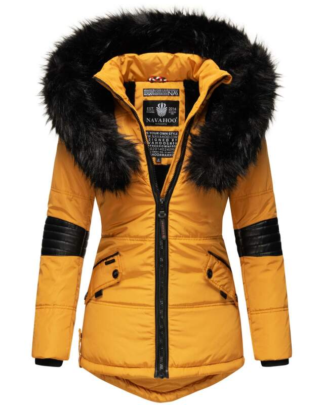 Navahoo Damen Winter Jacke Designer Parka mit Kunstfell B369 Gelb Größe M - Gr. 38