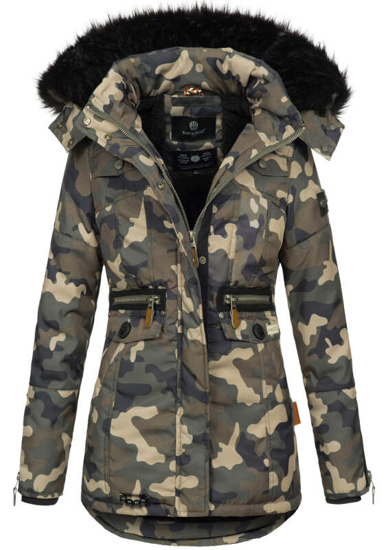 Navahoo Schätzchen Damen Winter Jacke mit Teddyfell und Kunstfell B615 Camouflage - Army Größe XS - Gr. 34