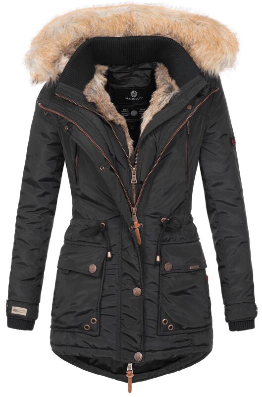 Marikoo Damen Winterjacke mit Kapuze und Kunstfell lang B617  Schwarz Größe S - Gr. 36