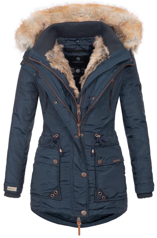 Marikoo Damen Winterjacke mit Kapuze und Kunstfell lang B617  Navy Größe L - Gr. 40