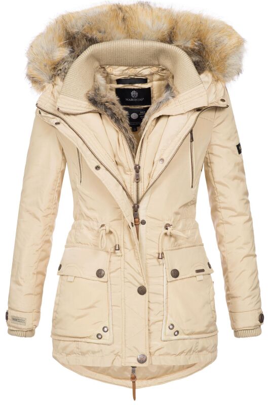 Marikoo Damen Winterjacke mit Kapuze und Kunstfell lang B617  Beige Größe M - Gr. 38