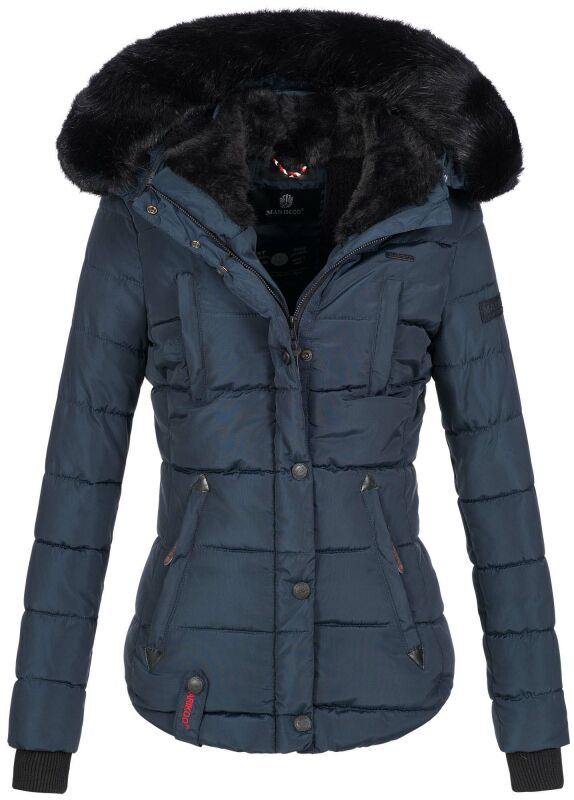 Marikoo warme Damen Winter Jacke gesteppt mit Kunstfell B618 Navy Größe XS - Gr. 34