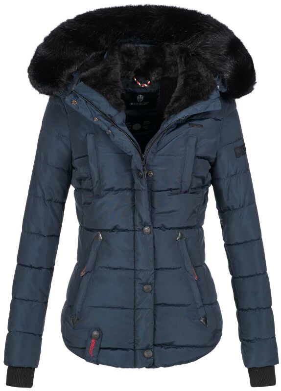 Marikoo warme Damen Winter Jacke gesteppt mit Kunstfell B618 Navy Größe S - Gr. 36