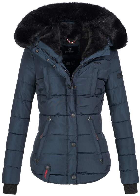 Marikoo warme Damen Winter Jacke gesteppt mit Kunstfell B618 Navy Größe L - Gr. 40