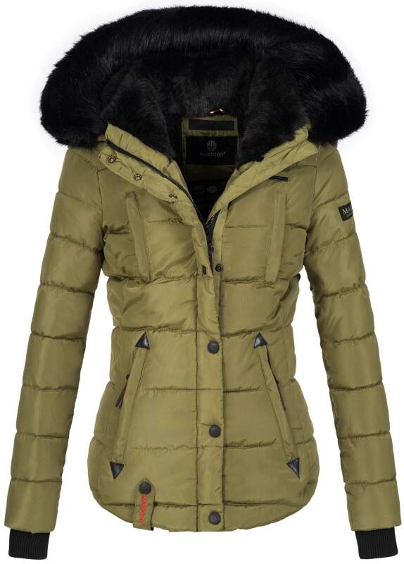 Marikoo warme Damen Winter Jacke gesteppt mit Kunstfell B618 Grün Größe S - Gr. 36
