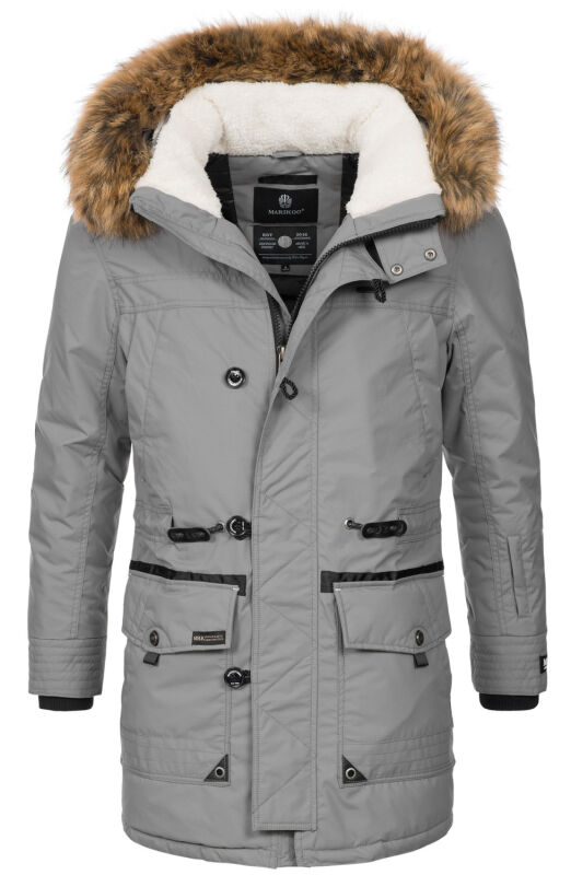 Marikoo Herren Winterjacke mit Kapuze und Kunstfell B629 Grau Größe S - Gr. S