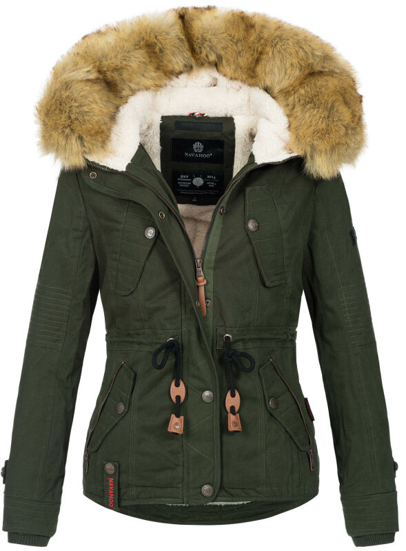 Navahoo Pearl Damen Winter Jacke mit Kunstfell B643 Grün Größe XS - Gr. 34