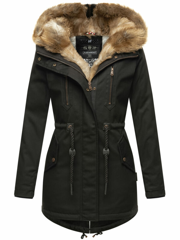 Navahoo Diamond warme Damen Winter Jacke lang mit Teddyfell B648 Schwarz Größe XS - Gr. 34