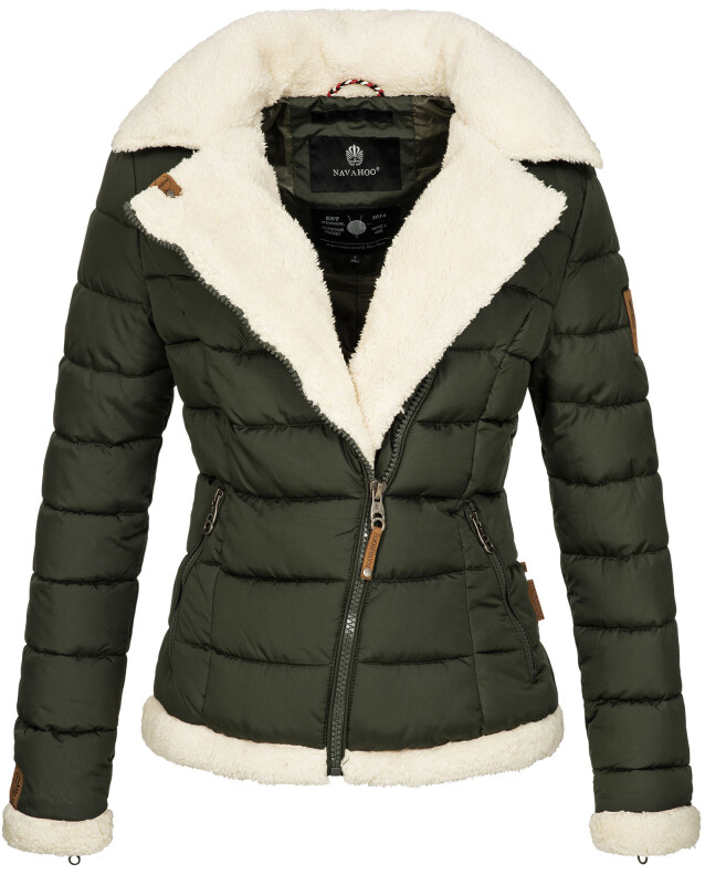 Navahoo Smoothy Damen Designer Winter Jacke gesteppt mit Teddyfell B652 Grün Größe XS - Gr. 34
