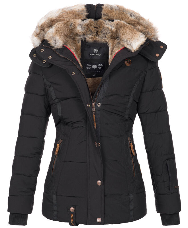 Marikoo Nekoo warm gefütterte Damen Winter Jacke mit Kunstfell B658 Schwarz Größe XL - Gr. 42