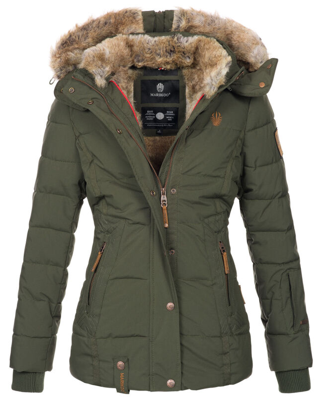 Marikoo Nekoo warm gefütterte Damen Winter Jacke mit Kunstfell B658 Olive Größe XS - Gr. 34