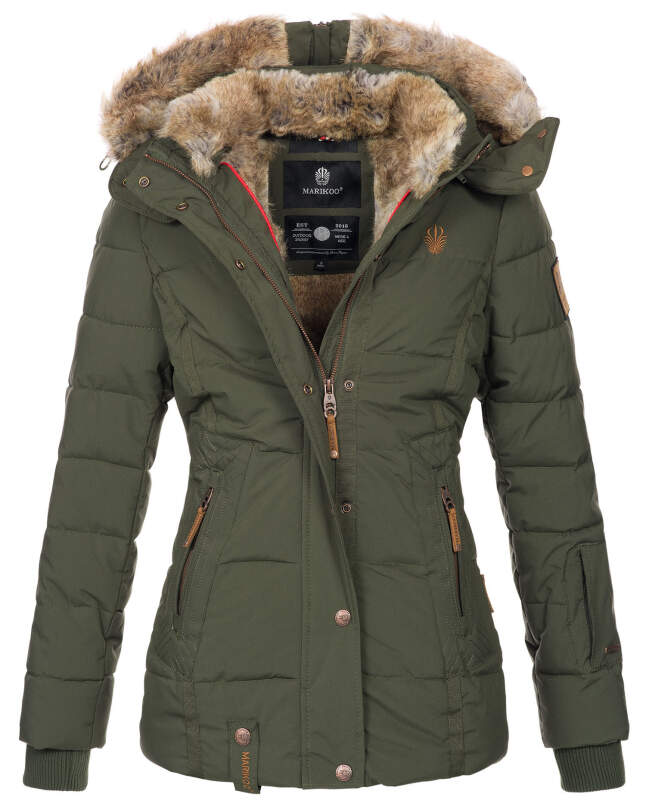 Marikoo Nekoo warm gefütterte Damen Winter Jacke mit Kunstfell B658 Olive Größe M - Gr. 38