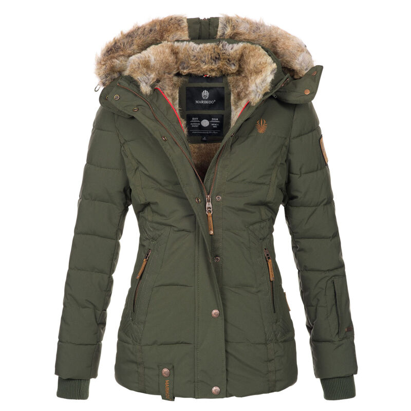 Marikoo Nekoo warm gefütterte Damen Winter Jacke mit Kunstfell B658 Olive Größe M - Gr. 38