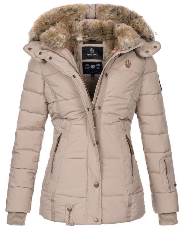 Marikoo Nekoo warm gefütterte Damen Winter Jacke mit Kunstfell B658 Taupe Größe S - Gr. 36