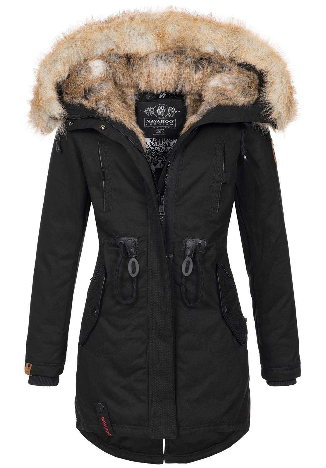 Navahoo warme Damen Winter Jacke lang mit Kunstfell B660 Schwarz Gr 246 223 