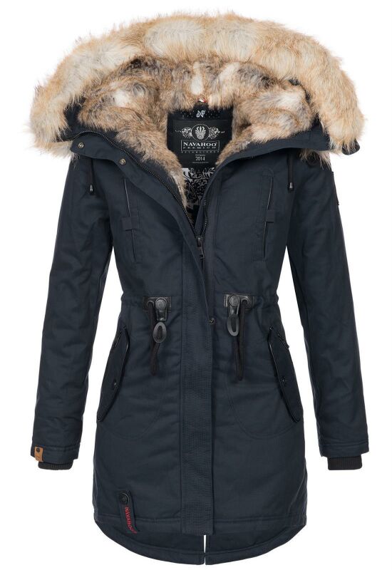 Navahoo warme Damen Winter Jacke lang mit Kunstfell B660 Navy Größe XS - Gr. 34