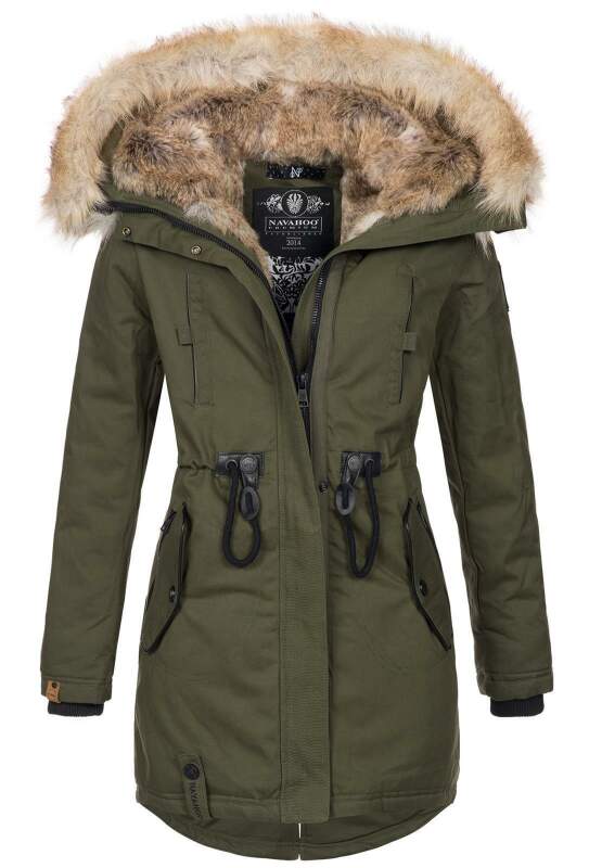 Navahoo warme Damen Winter Jacke lang mit Kunstfell B660 Olive Größe XS - Gr. 34