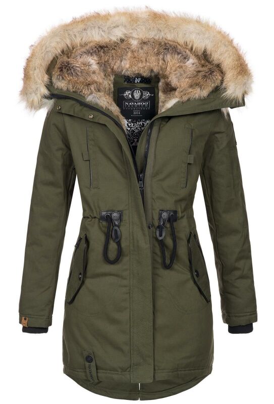 Navahoo warme Damen Winter Jacke lang mit Kunstfell B660 Olive Größe S - Gr. 36