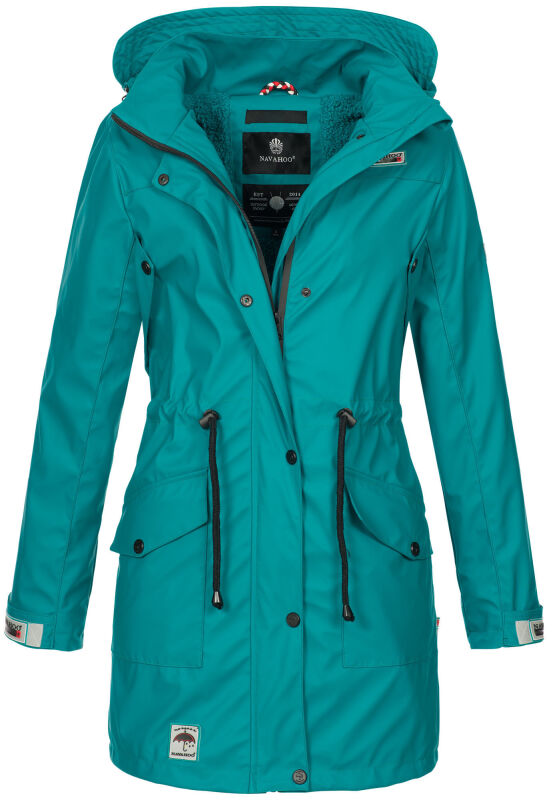 Navahoo Deike Damen lange Regenjacke mit Teddyfell und Kapuze B678 Grün Größe XS - Gr. 34