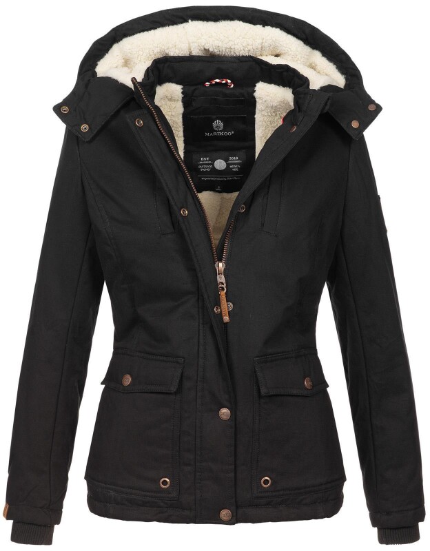 Marikoo Keikoo warme Damen Winter Jacke mit Teddyfell und Kapuze B683 Schwarz Größe XS - Gr. 34