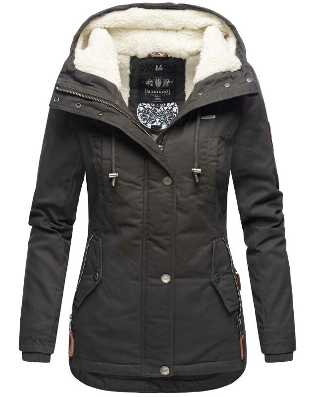 Marikoo Bikoo Damen Teddyfell gefüttert Winterjacke B802 Anthrazit Größe XS - Gr. 34