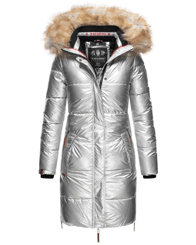 Navahoo Halina Damen Winter Steppmantel mit Kunstfell B803 Silber Größe XL - Gr. 42