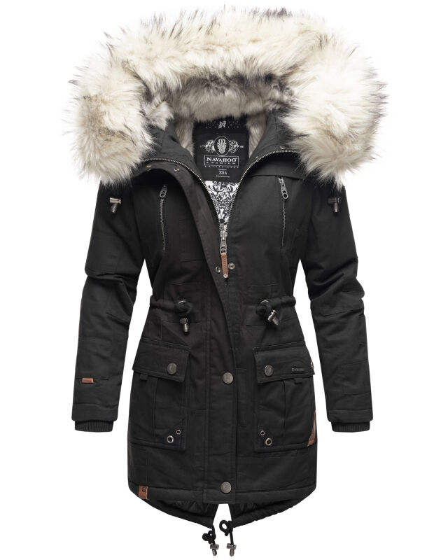 Navahoo Honigfee warme Damen Winter Jacke mit Kapuze und Kunstfell B805 Schwarz Größe XS - Gr. 34