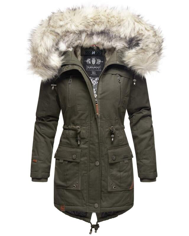 Navahoo Honigfee warme Damen Winter Jacke mit Kapuze und Kunstfell B805 Olive Größe M - Gr. 38