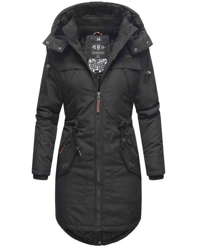Marikoo Kamil warme Damen Winter Jacke lang mit Kapuze B807 Schwarz Größe S - Gr. 36