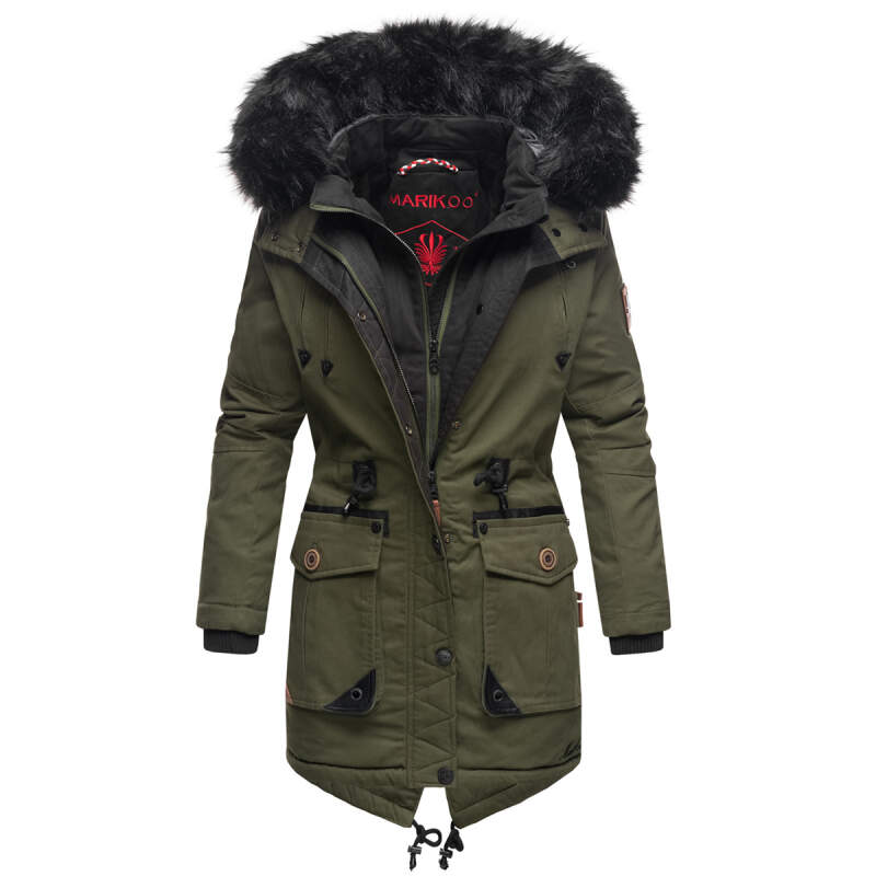 Marikoo Knutschkugel Damen Winter Jacke mit Kunstfell B812 Olive Größe XS - Gr. 34