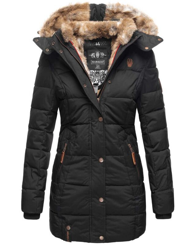 Marikoo warme Damen Winterjacke mit Kapuze Parka Kunstfell B817 Schwarz-Gr.XS