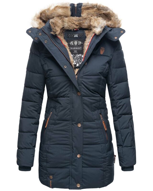 Marikoo warme Damen Winterjacke mit Kapuze Parka Kunstfell B817 Navy-Gr.L