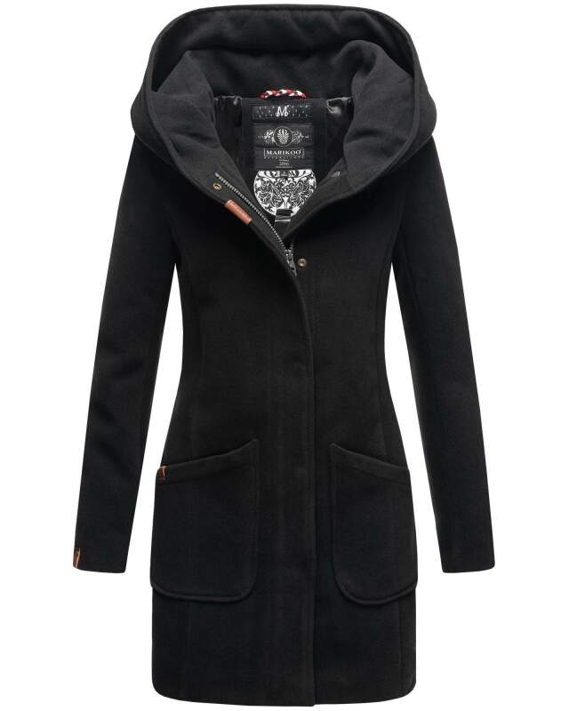 Marikoo Maikoo Damen Mantel mit Kapuze Trenchcoat Jacke B819 Schwarz Größe XS - Gr. 34