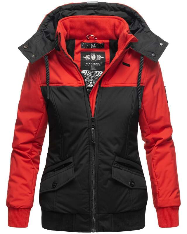 Marikoo Sumikoo Damen Winter Jacke leicht gefüttert mit Kapuze B827 Rot-Schwarz-Gr.XS