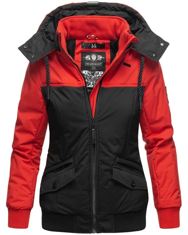 Marikoo Sumikoo Damen Winter Jacke leicht gefüttert mit Kapuze B827 Rot-Schwarz-Gr.S
