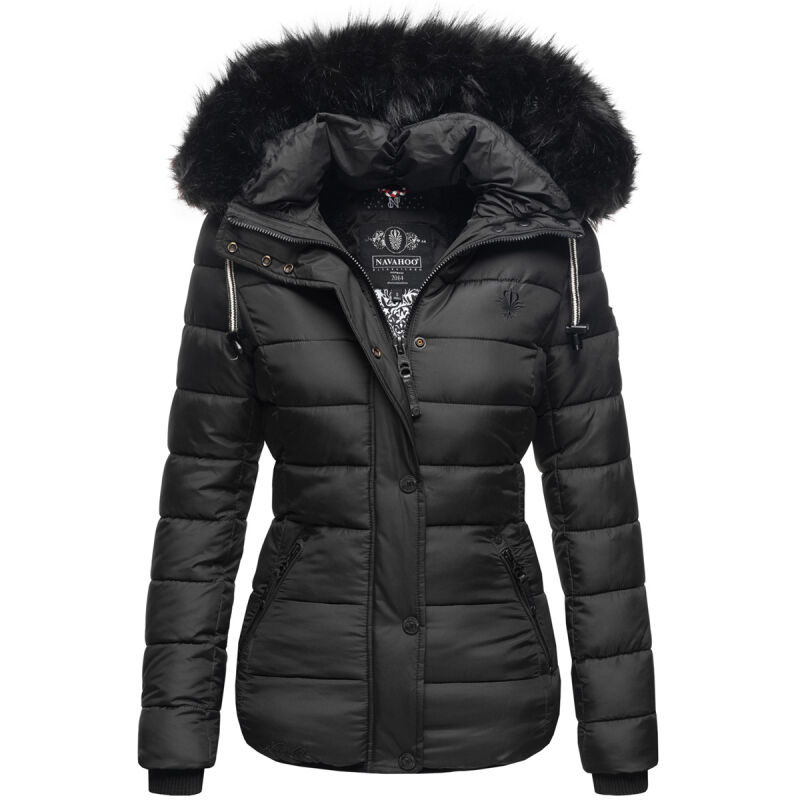 Navahoo Zuckerbiene Damen Steppjacke mit Kapuze und Kunstfellkragen B832 Schwarz-Gr.M