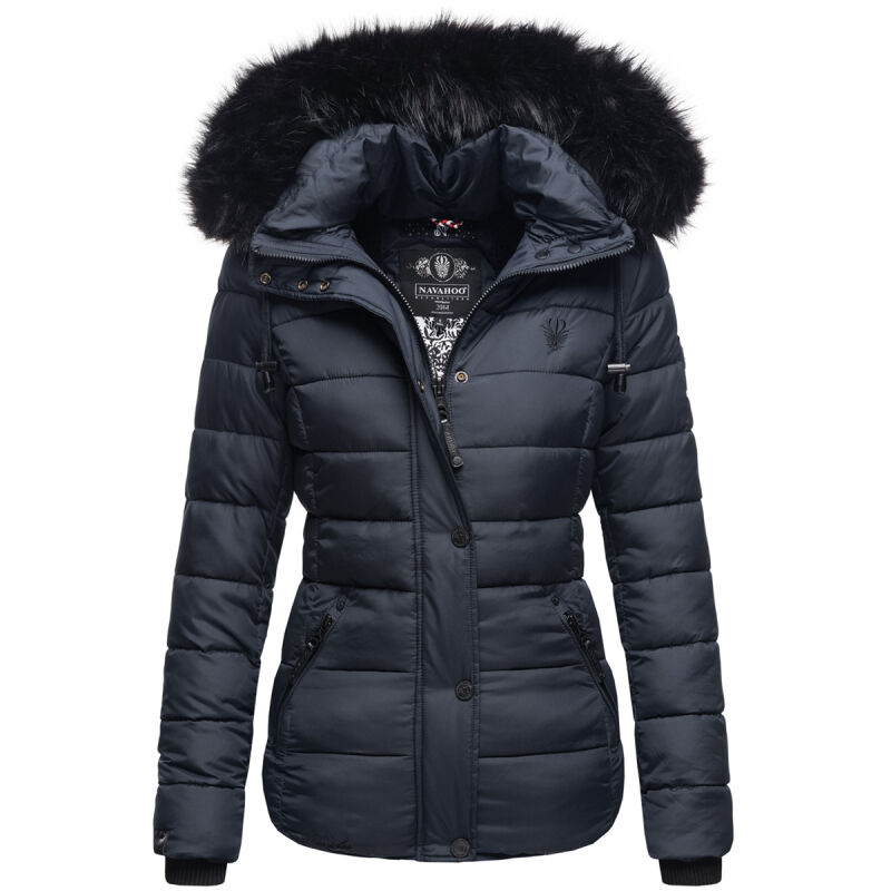 Navahoo Zuckerbiene Damen Steppjacke mit Kapuze und Kunstfellkragen B832 Navy-Gr.M