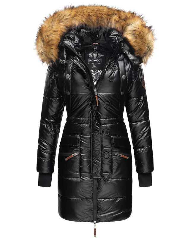 Navahoo Zuckerle Damen Steppjacke lang mit Fellkragen B833Schwarz-Gr.XS