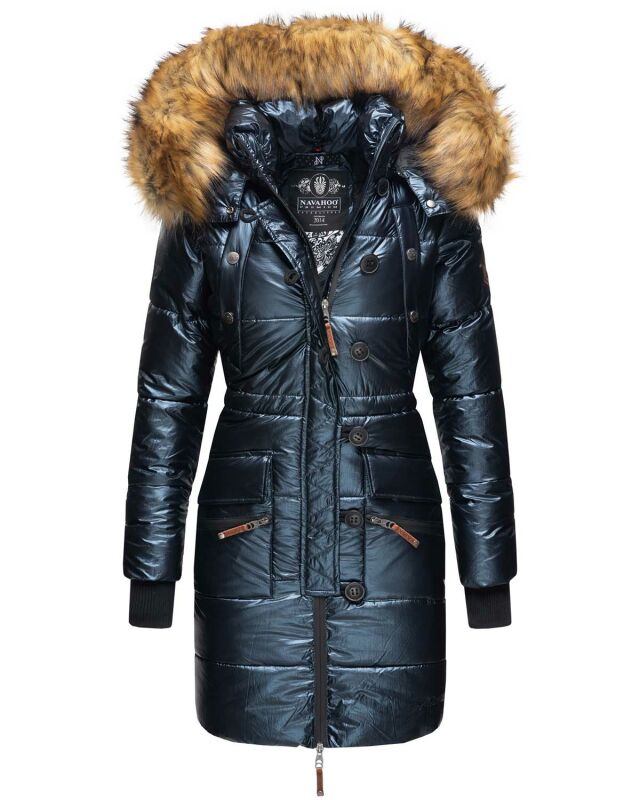 Navahoo Zuckerle Damen Steppjacke lang mit Fellkragen B833Navy-Gr.S