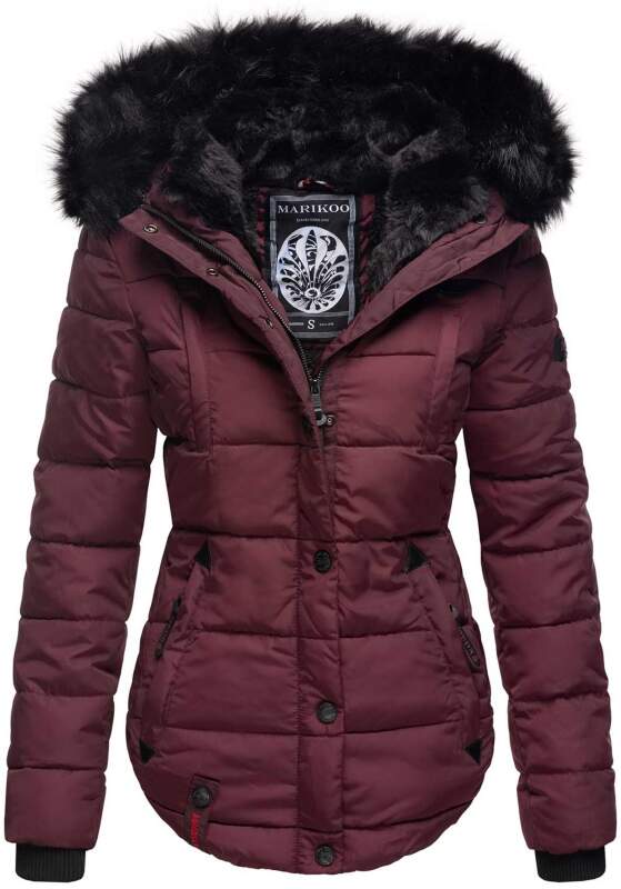Marikoo warme Damen Winter Jacke gesteppt mit Kunstfell B618 Weinrot Größe XS - Gr. 34
