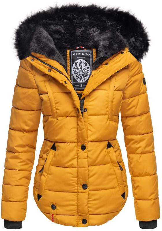 Marikoo warme Damen Winter Jacke gesteppt mit Kunstfell B618 Gelb Größe S - Gr. 36