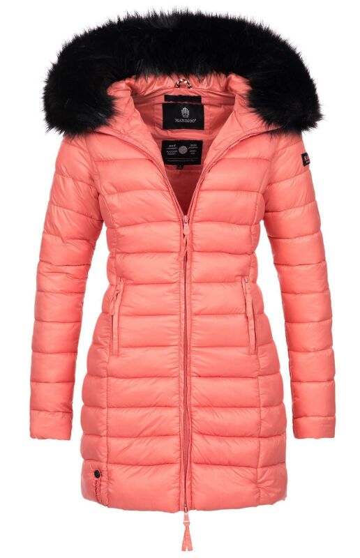 Marikoo Rose Damen Winter Jacke gesteppt lang B647 Coral schwarzes Fell Größe S - Gr. 36