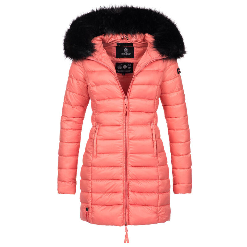 Marikoo Rose Damen Winter Jacke gesteppt lang B647 Coral schwarzes Fell-Größe S - Gr. 36