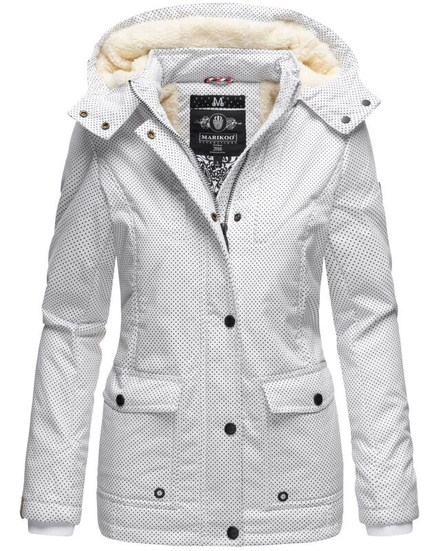 Marikoo Keikoo warme Damen Winter Jacke mit Teddyfell und Kapuze B683 Weiss - Gepunktet Größe M - Gr. 38